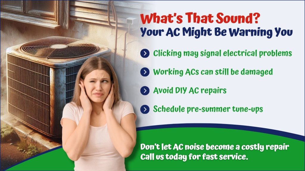 This is an image of an old air-conditioning unit with smoke coming out of it, and a woman holding her ears in front of it that headline reads. What's that sound? Your AC might be warning you