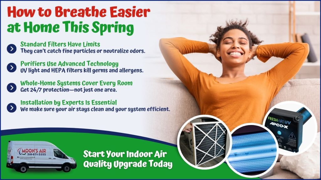 This is an image of a woman taking a deep breath on her couch, overlay as an air filter a UV light and a HEPA filter. The headline reads how to breathe easier at home this spring.