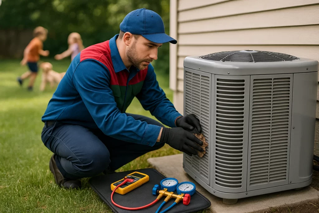 Technician clearing debris from outdoor heat pump coils with tools nearby