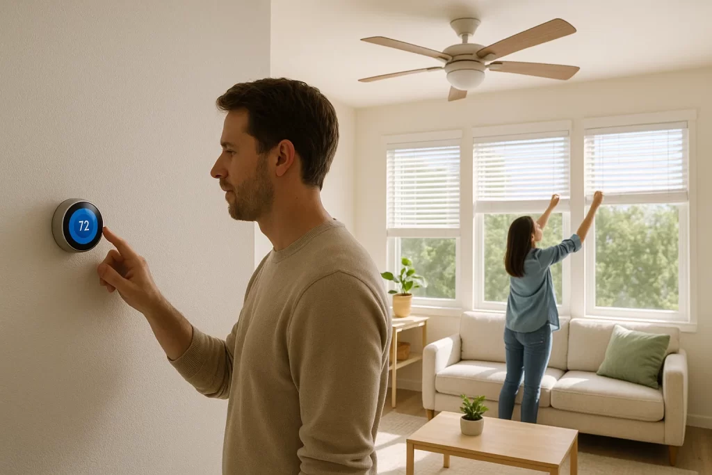 Homeowner adjusts smart thermostat and closes blinds to improve AC efficiency
