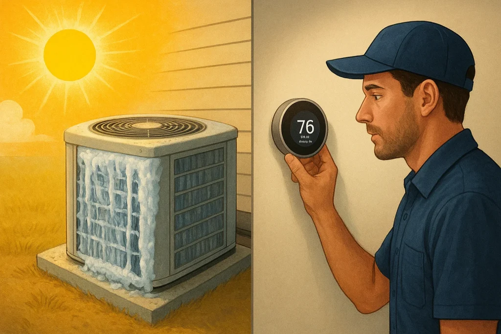 Split-scene showing frozen AC coils and technician adjusting thermostat indoors