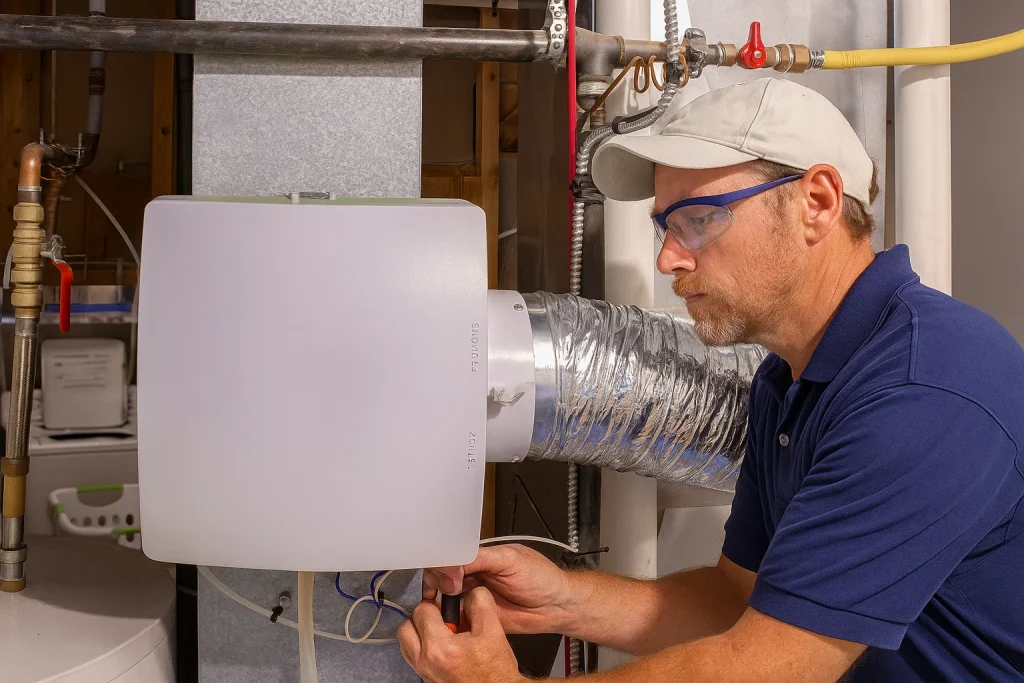 Technician inspects whole-house dehumidifier in utility room during maintenance