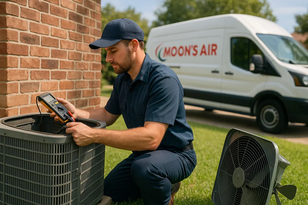 HVAC technician inspecting the inside of an AC condenser unit with the top removed on the side of a residential home in Shreveport, LA,