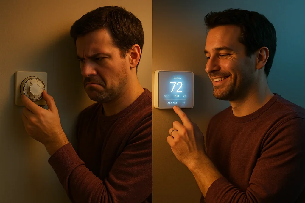 Comparison of old manual thermostat versus modern programmable thermostat