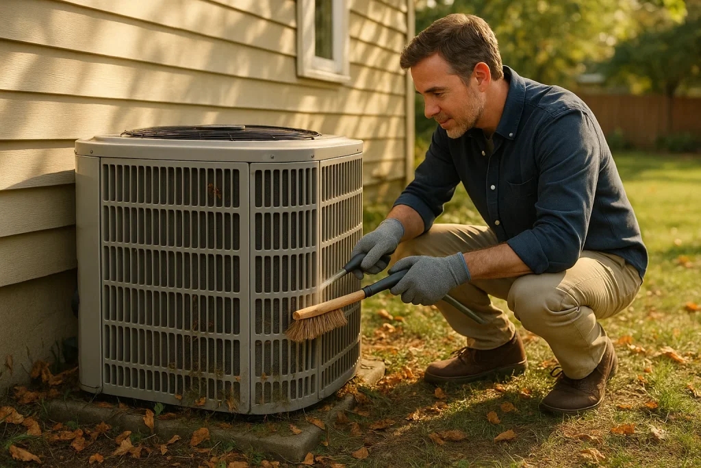 Homeowner cleaning outdoor condenser unit to prevent late summer strain