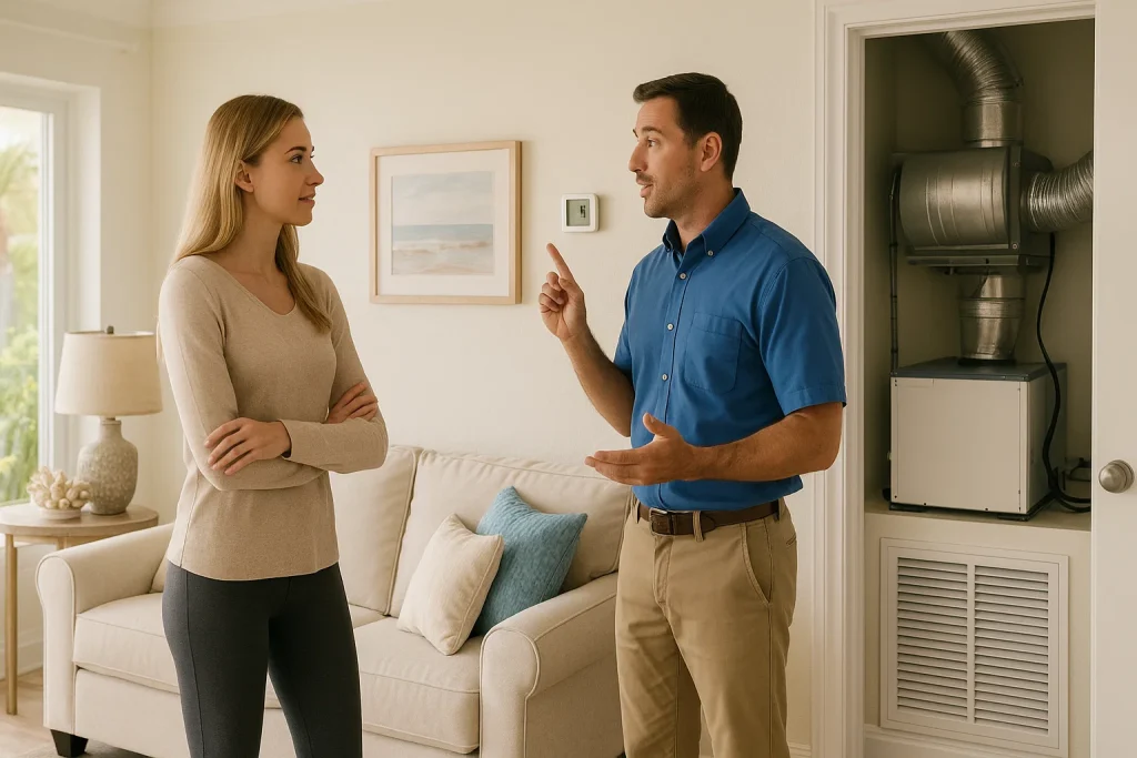 Homeowner reviewing whole-house dehumidifier benefits with HVAC technician in Florida.