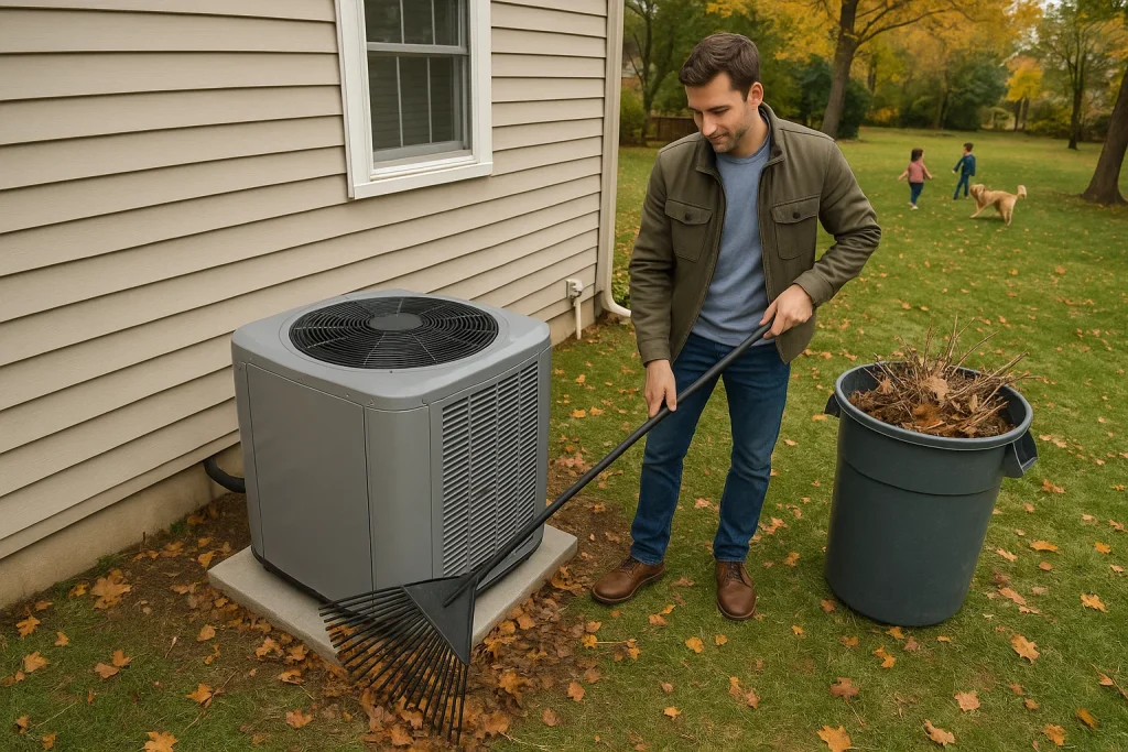 homeowner clearing leaves around outdoor heat pump unit early fall
