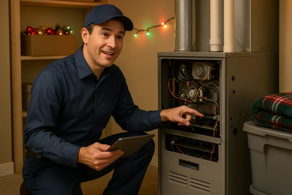 HVAC technician performing a holiday furnace tune-up in a festive utility room.