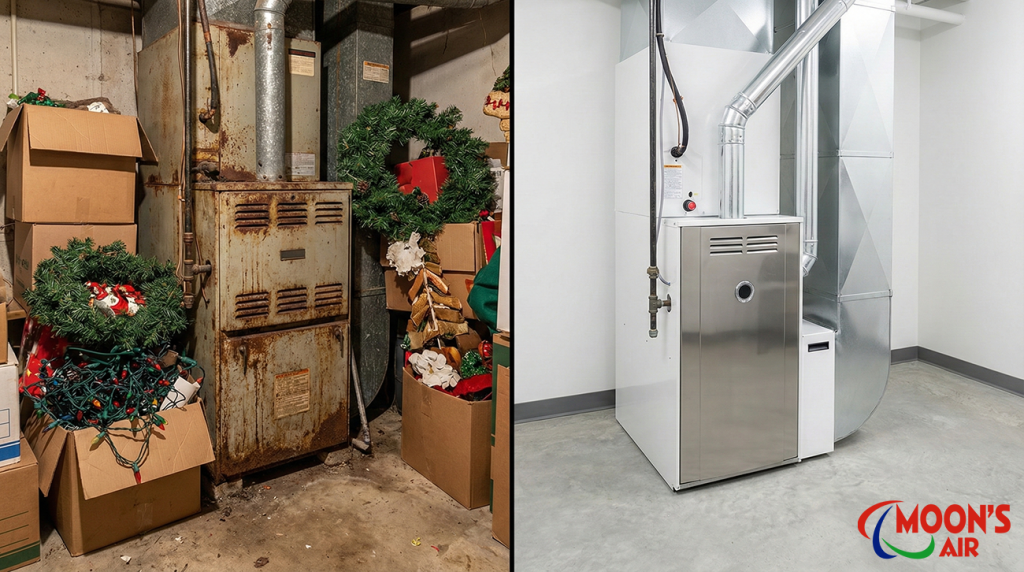 two different furnaces. On one half of the image is a rusty, dirty furnace surrounded by boxes and Christmas decorations. On the other half of the image is a clean, modern furnace in a well-lit, clean environment with no other items around it.