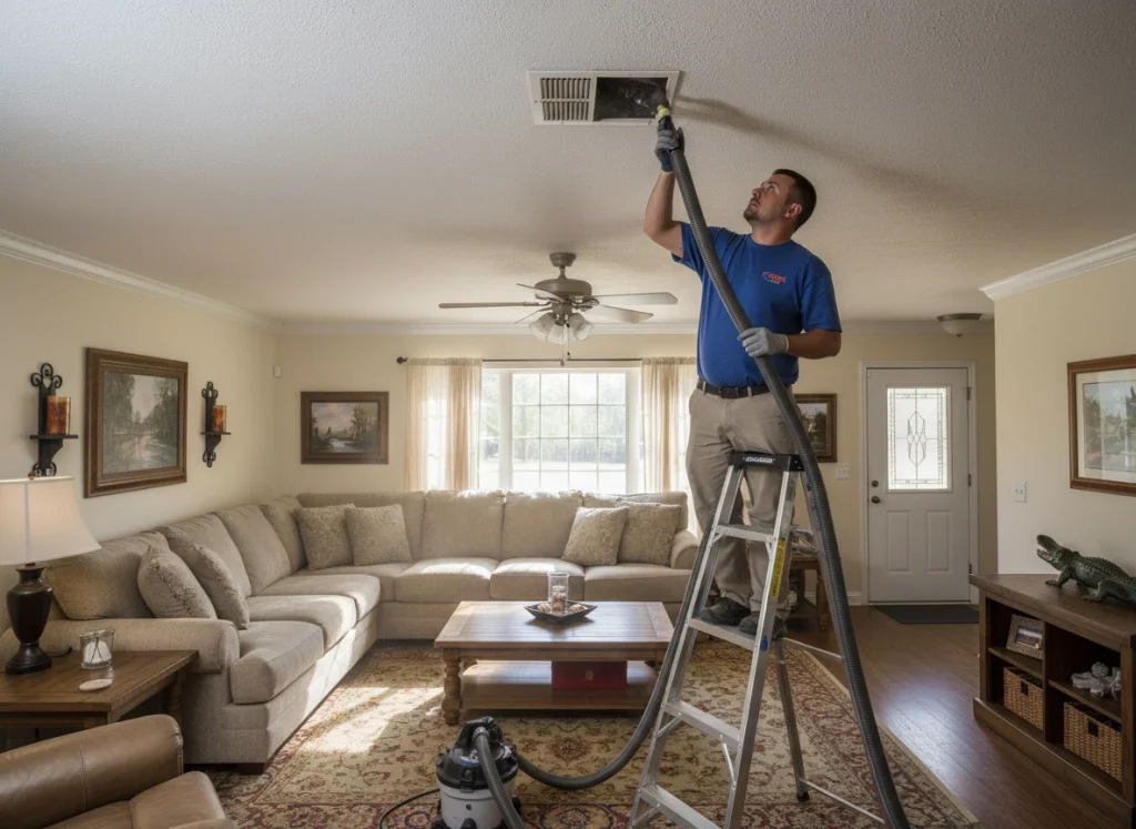 An HVAC technician cleaning a ceiling heating duct