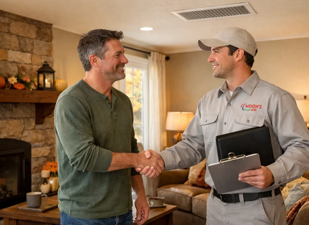 Homeowner shaking hands with HVAC technician discussing maintenance plan in living room