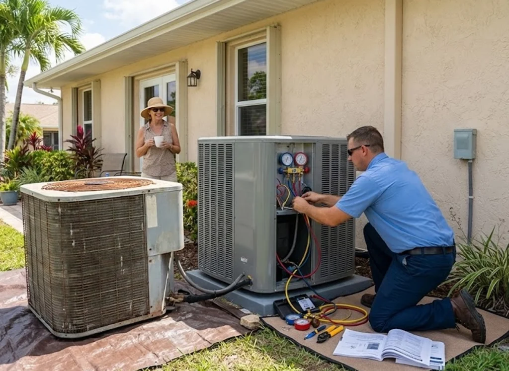 Moons Air technician installing a new HVAC system outside a Florida home as the homeowner looks on.