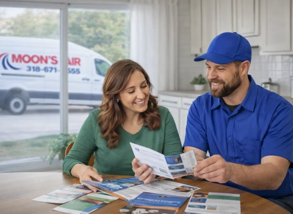 An HVAC technician sitting with a homeowner at the kitchen table discussing an upgrade.