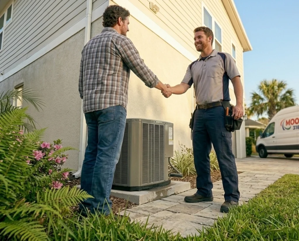 A homeowner and an HVAC technician shaking hands in front of an AC condenser unit on the side of the house.