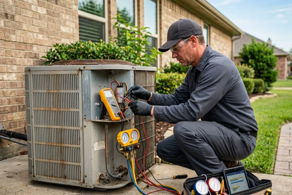 HVAC technician evaluating aging system for replacement