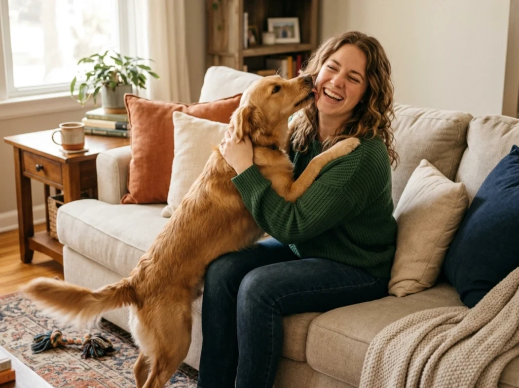 A women playing with her dog.