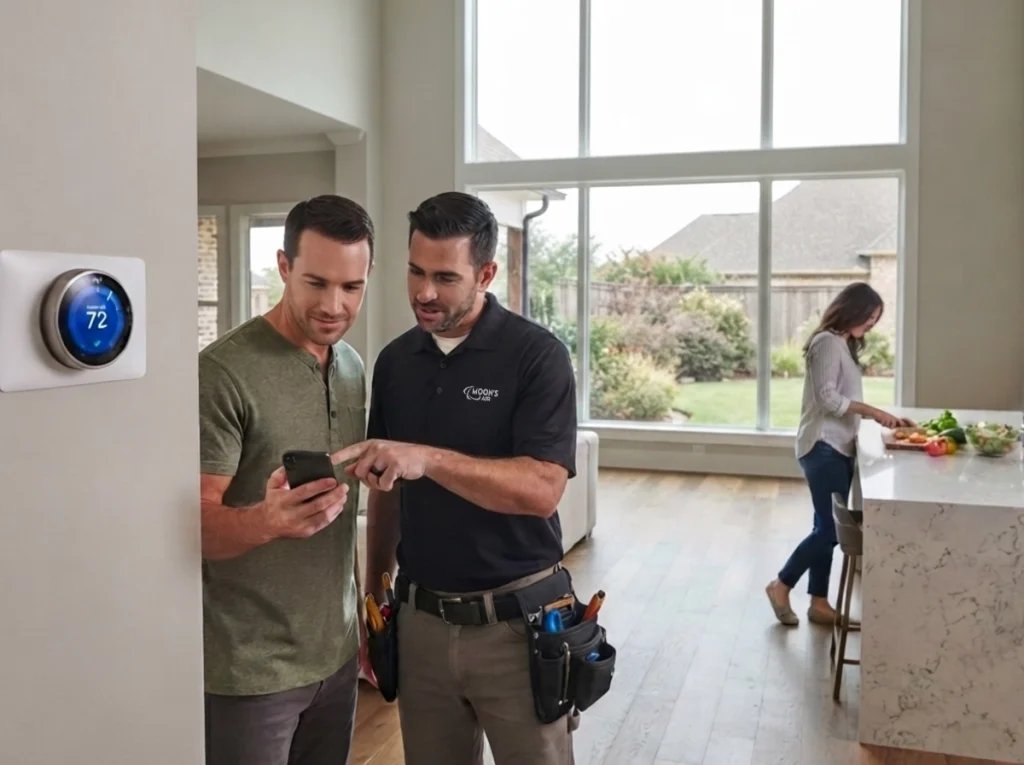 An HVAC and a homeowner setting the thermostat for the vacation.
