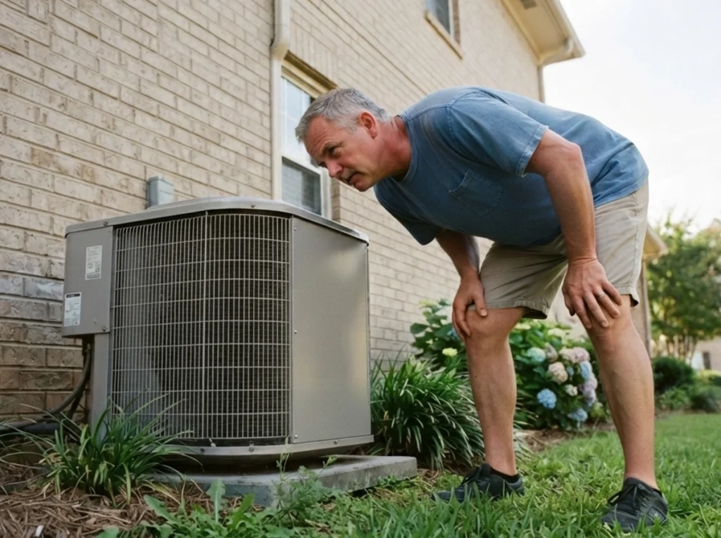 A homeowner listening for strange noises from his AC unit.