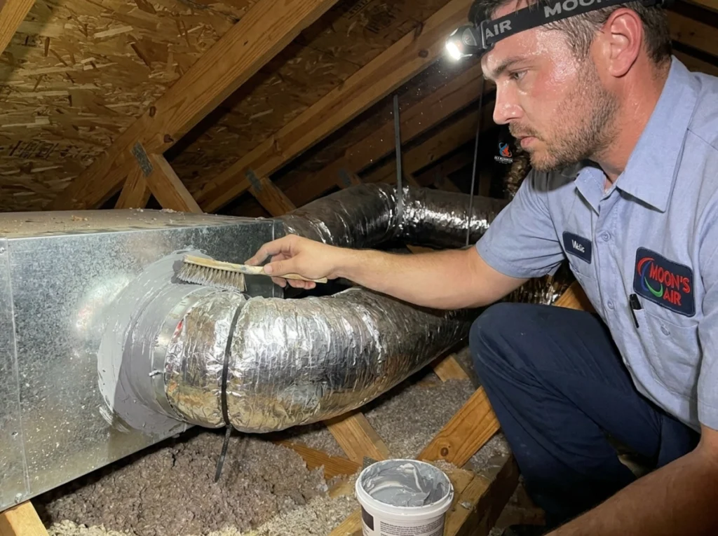 HVAC technician sealing a leaking supply duct connection in Bossier City